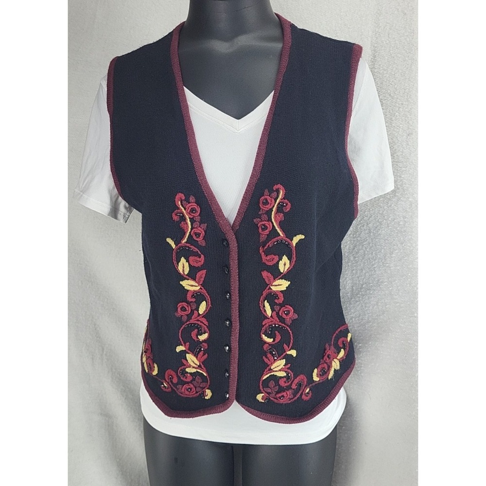 VTG Northern Isles Hand Embroidered Lambswool Sweater Vest Womens Medium Floral